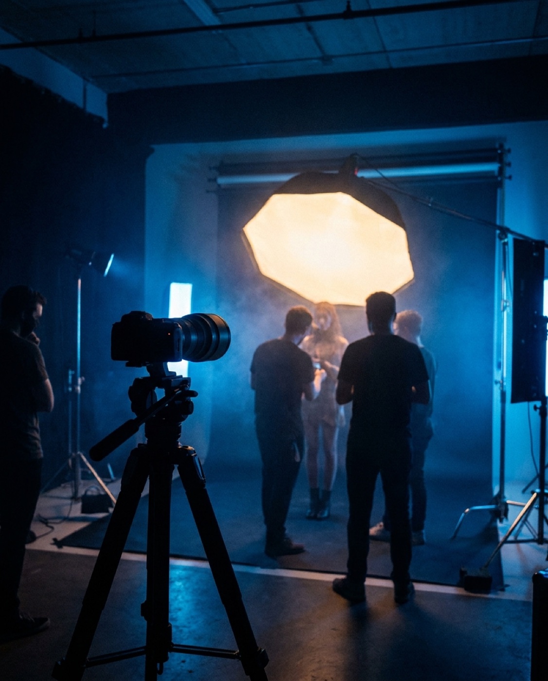 Estúdio de fotografia durante uma produção, com softbox e câmera em tripé